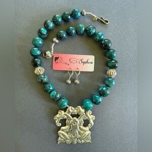 NEW 20" Chrysocolla Semi-precious Gemstone Sterling Frog Necklace Earring Set
